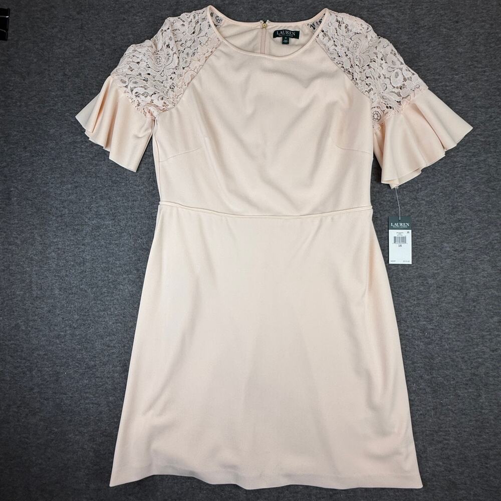 NWT Ralph Lauren Fit and Flare Dress Pink Lace Flutter Sleeve Size 16